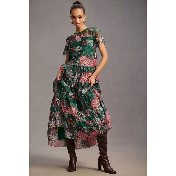 Anthropologie Bhanuni Jyoti Tiered Short-Sleeve Dress Size S - Picture 1 of 9